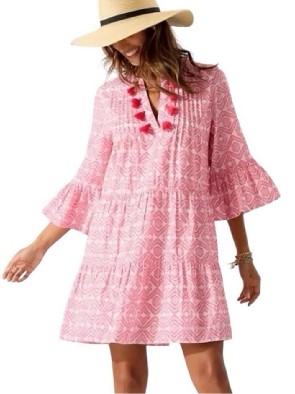 Tommy Bahama Coral & White Tassel Tiered Dress